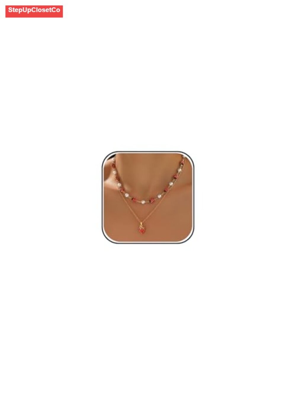 Layered Strawberry Pearl Necklace Pendant Double Choker Gold